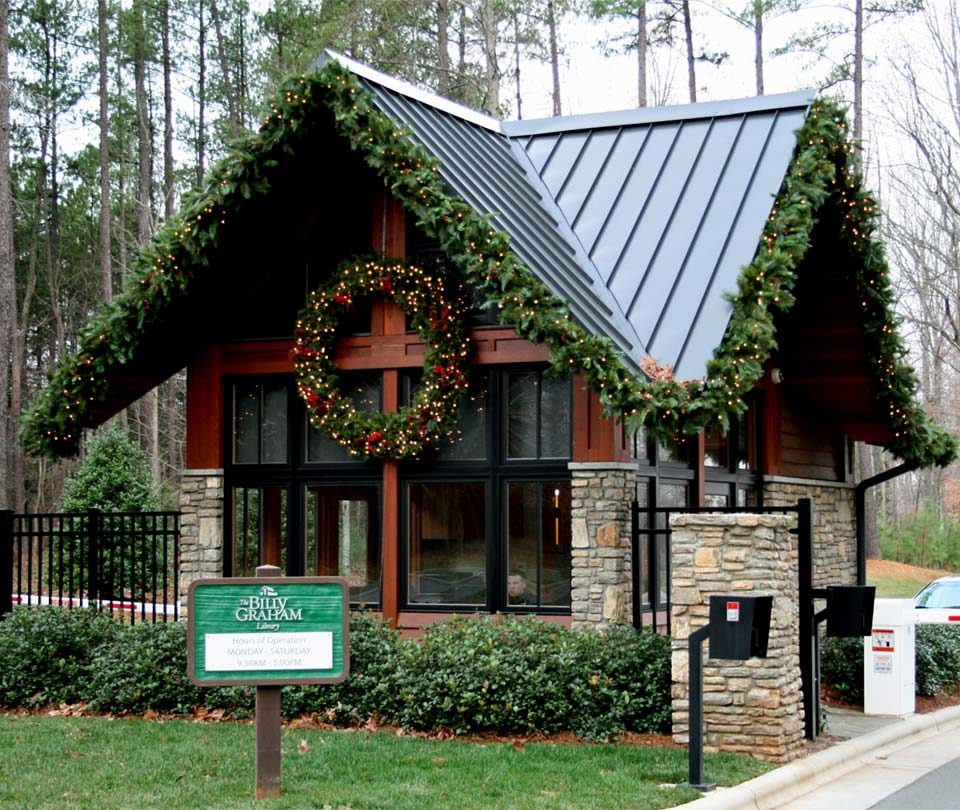 Billy Graham Library Decorated for Christmas with Garland and Large Wreaths