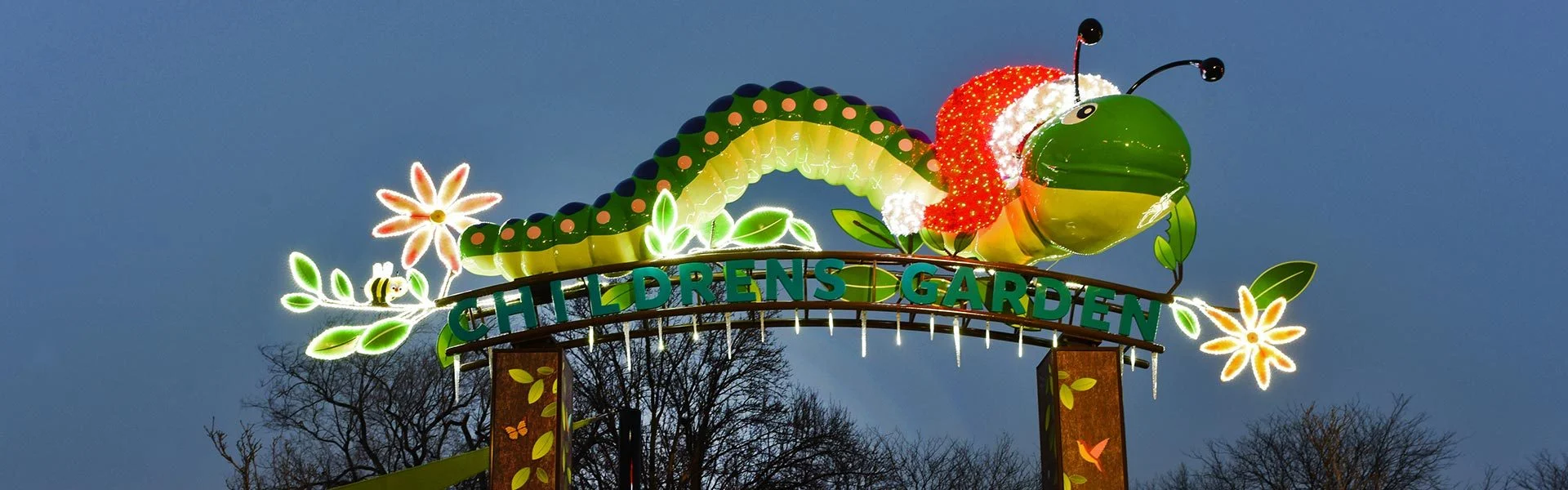 Lit caterpillar archway at Dayton Children's Hospital