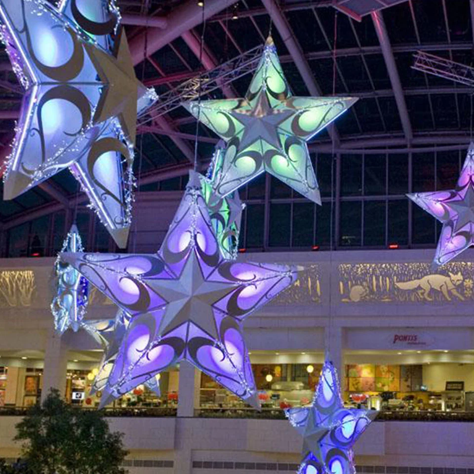 Giant lit stars hanging in a shopping mall