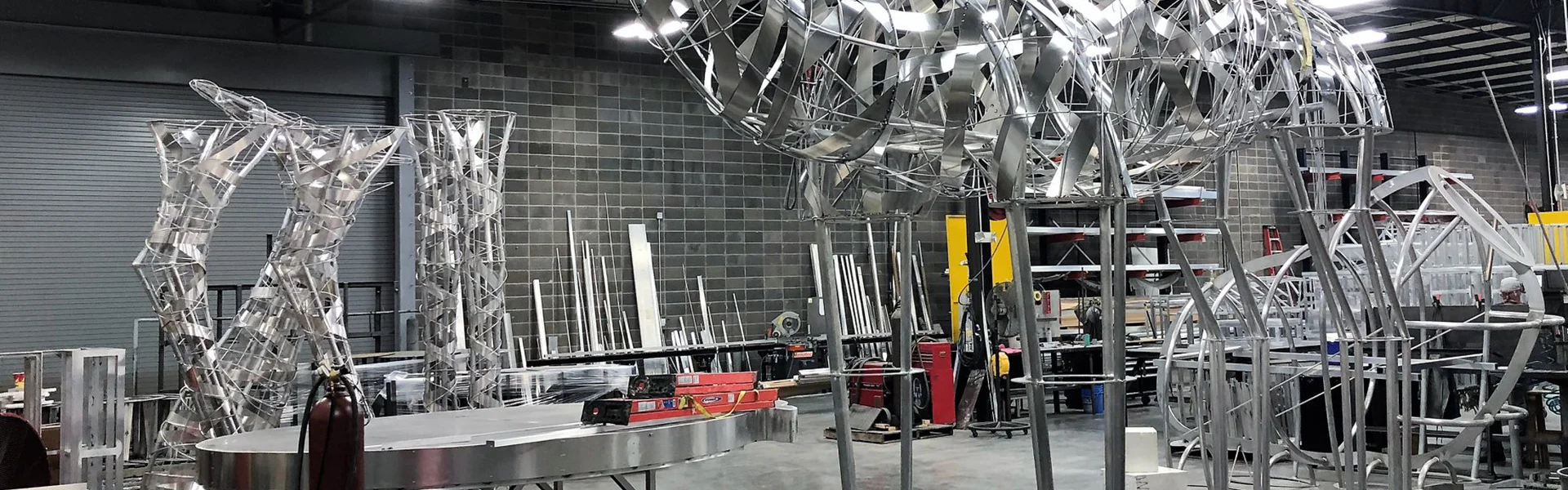 Metal frames for display sculptures in the Studio 25 workshop