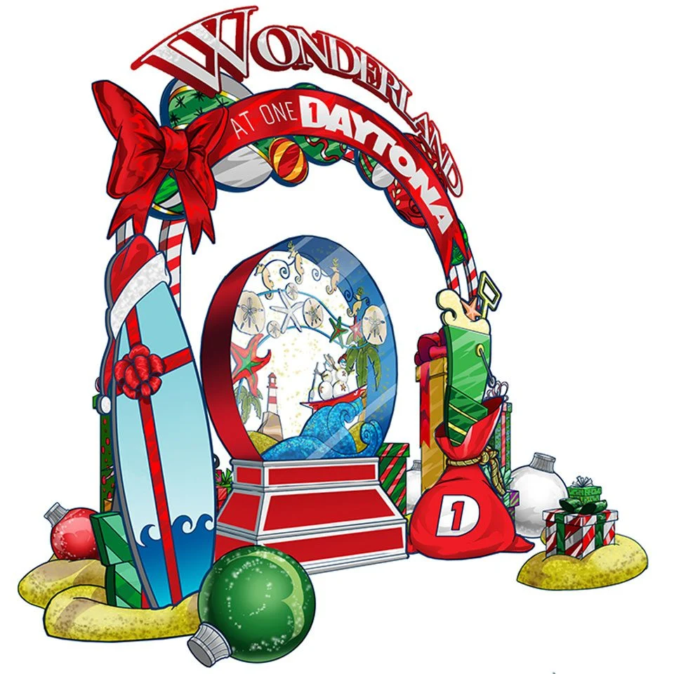 3D Holiday Photo Backdrop Display with Snowglobe, Giant Ornaments and Gifts