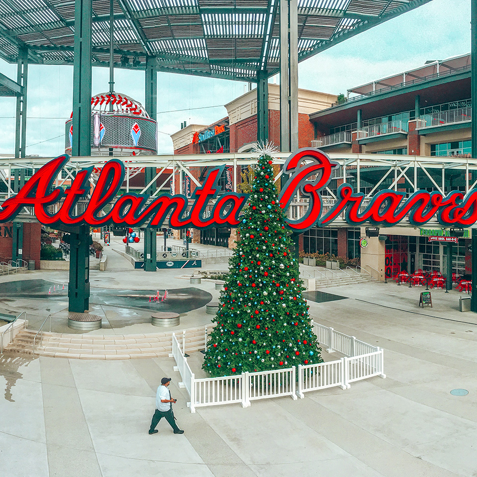 Giant Christmas Tree with Large Ornaments at Atlanta Braves Ball Park