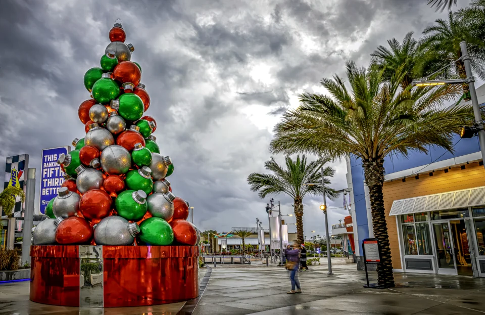 Giant Outdoor Tree with Fiberglass Christmas Ornaments on Custom Package Tree Base