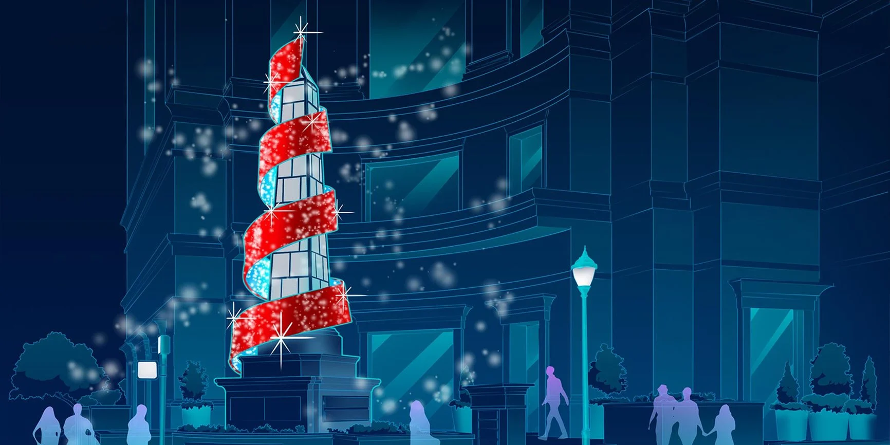 Rendering of a spiral red and white light tree on a plaza at night