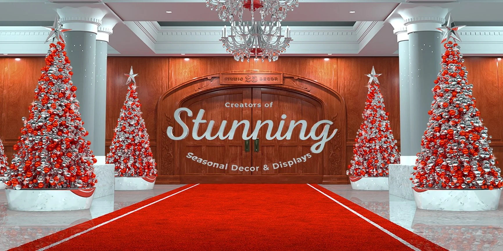 Lobby with a red carpet and red and silver Christmas trees. Creators of Stunning Seasonal Decor and Displays