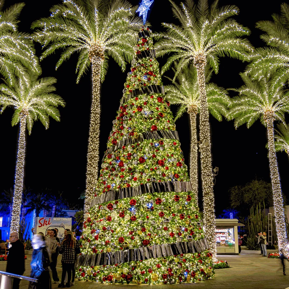 Giant tower Christmas tree among lit palm trees at the Fairmont Scottsdale Princess